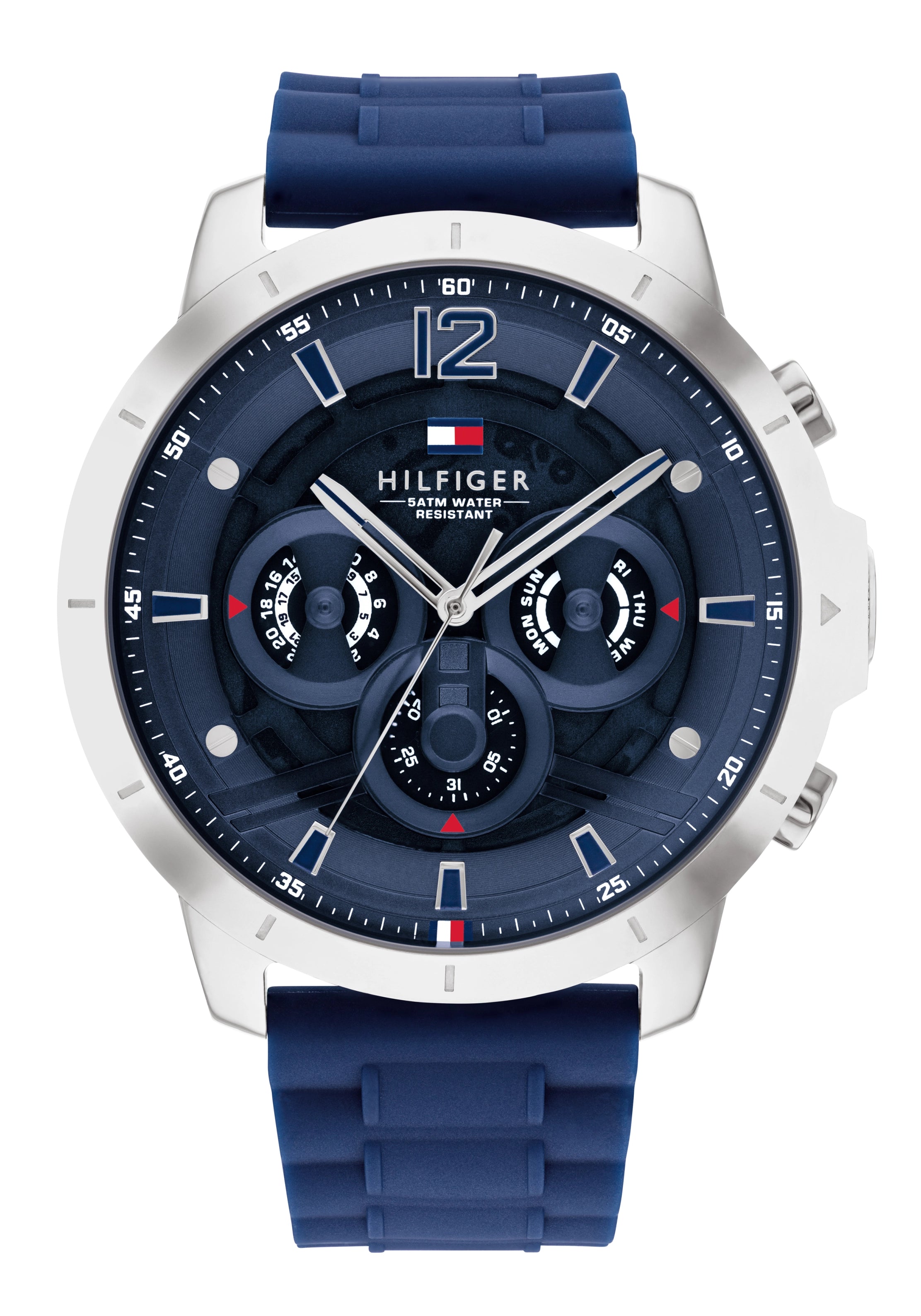 Herrenarmbanduhr mit blauem Silikonarmband, silbernem Gehäuse und blauem Zifferblatt