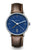 Herrenarmbanduhr mit blauem Zifferblatt, silbernem Gehäuse und braunem Lederband