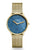 Damenarmbanduhr mit blauem Perlmuttzifferblatt, goldfarbenem Meshband