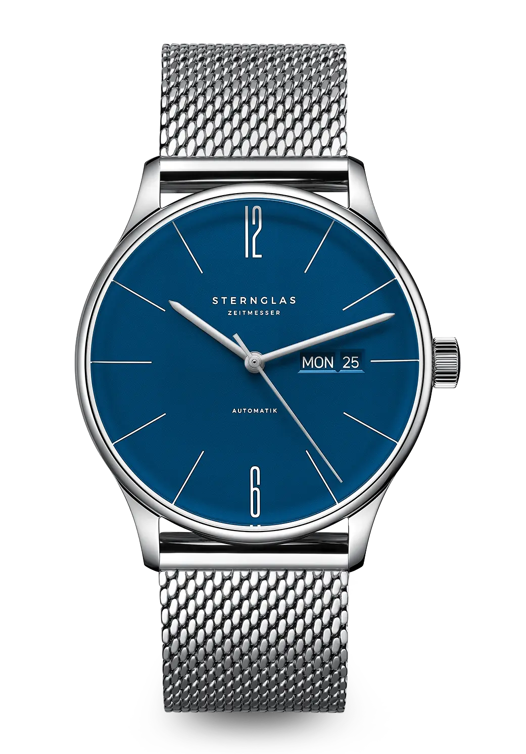 Sternglas Automatik-Armbanduhr mit Mitternachtsblau Zifferblatt und Stahl-Meshband