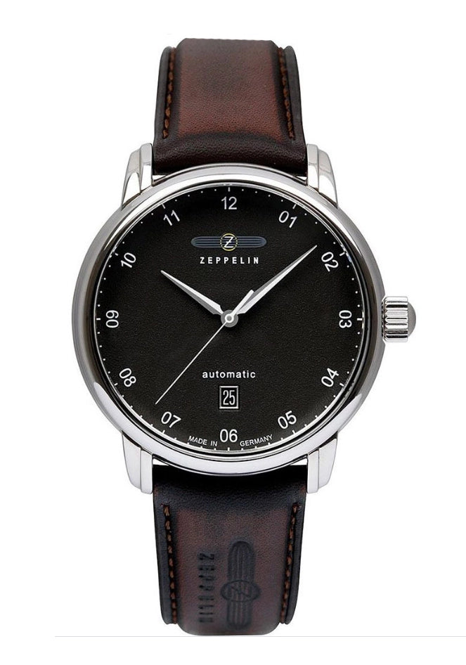Herrenarmbanduhr mit schwarzem Zifferblatt, Automatik-Anzeige, braunem Lederarmband und Stahlgehäuse