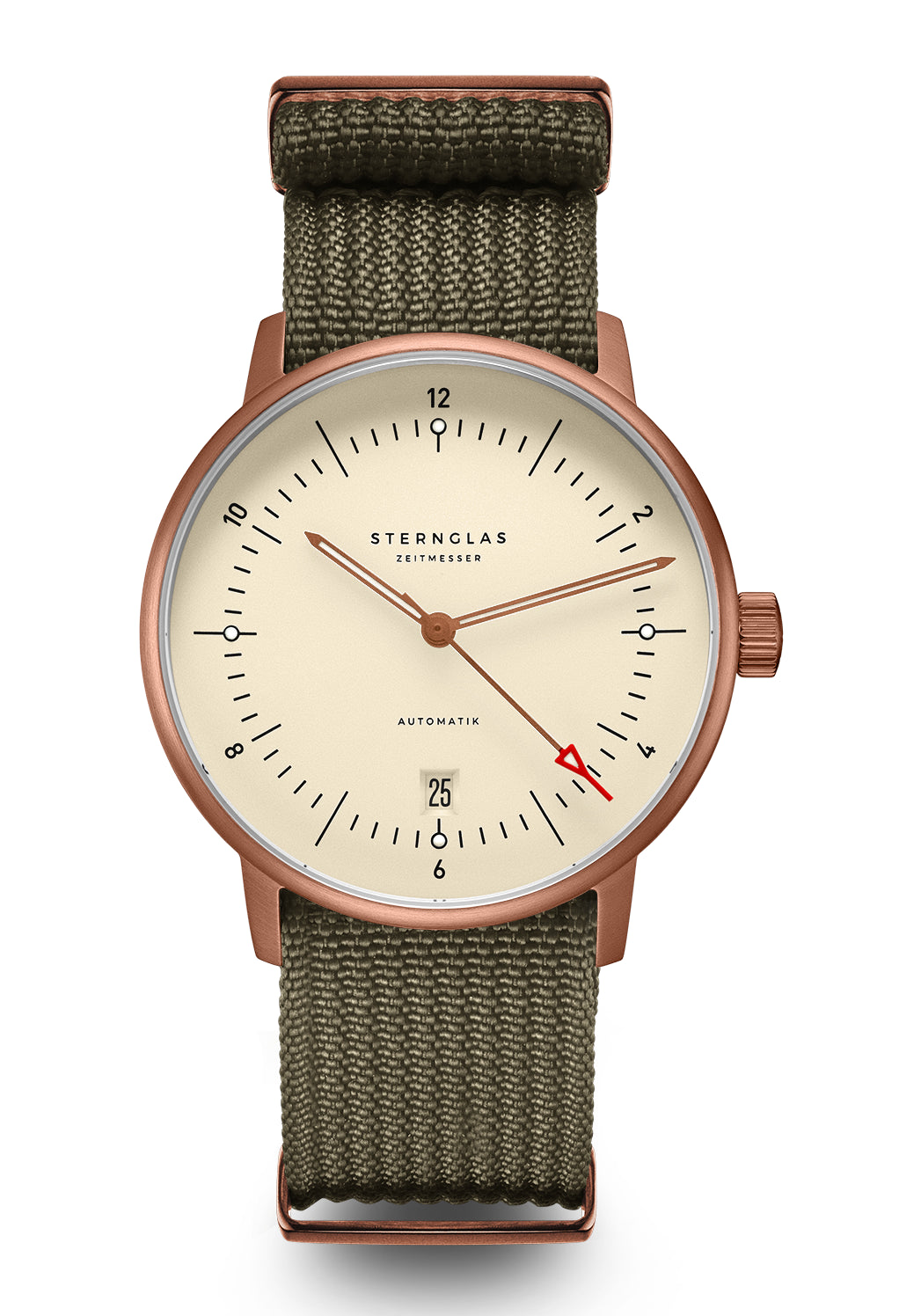 Sternglas Naos Automatik-Armbanduhr mit grünem Textilband, bronzefarbenem Gehäuse, weißem Zifferblatt