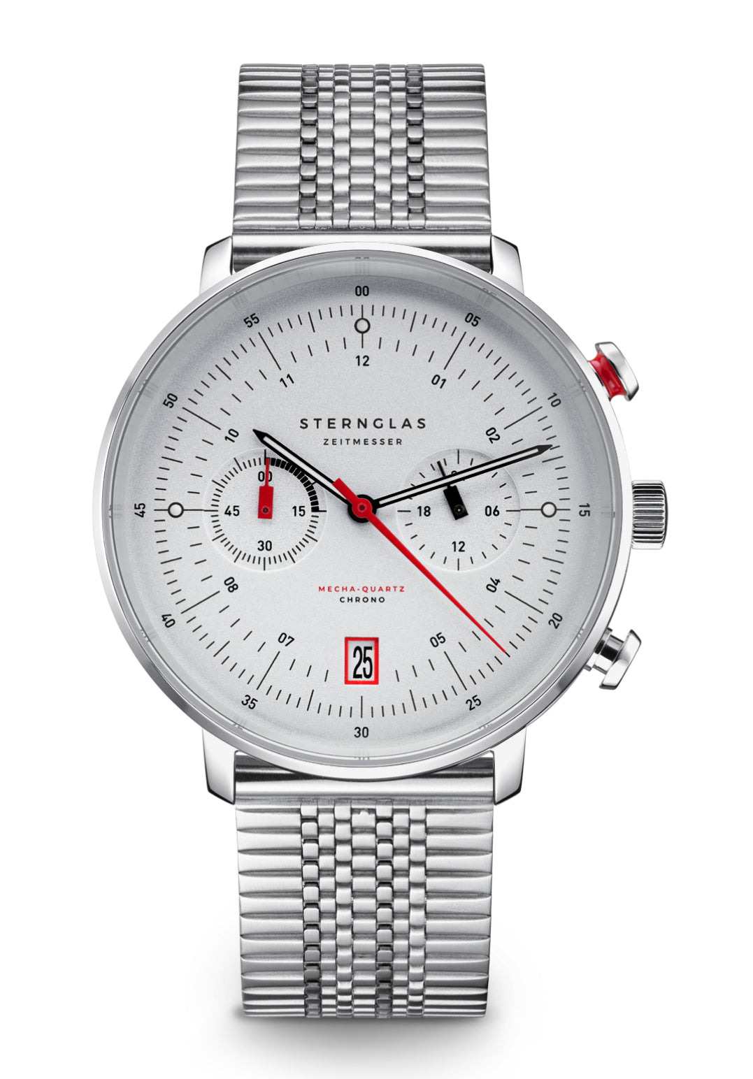 Sternglas Herrenuhr mit silbernem Metallarmband, Chronographen-Subdials und roter Sekunde