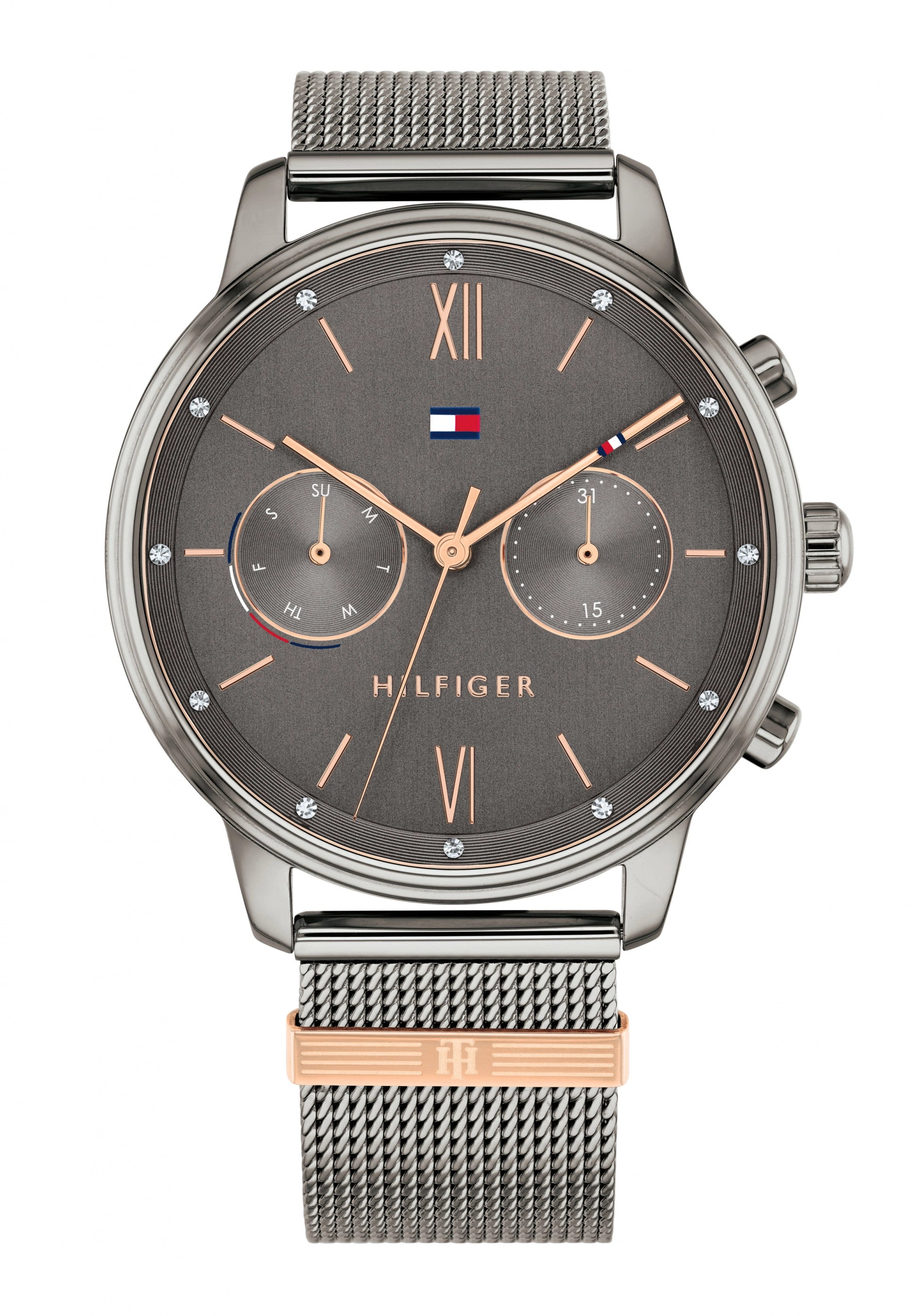 Tommy Hilfiger Blake Damenuhr mit anthrazitfarbenem Zifferblatt, Mesharmband, römischen Zahlen