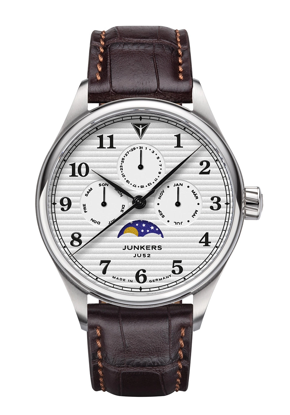 Junkers Herrenarmbanduhr mit silbernem Gehäuse, braunem Lederband und weißem Zifferblatt mit Mondphase