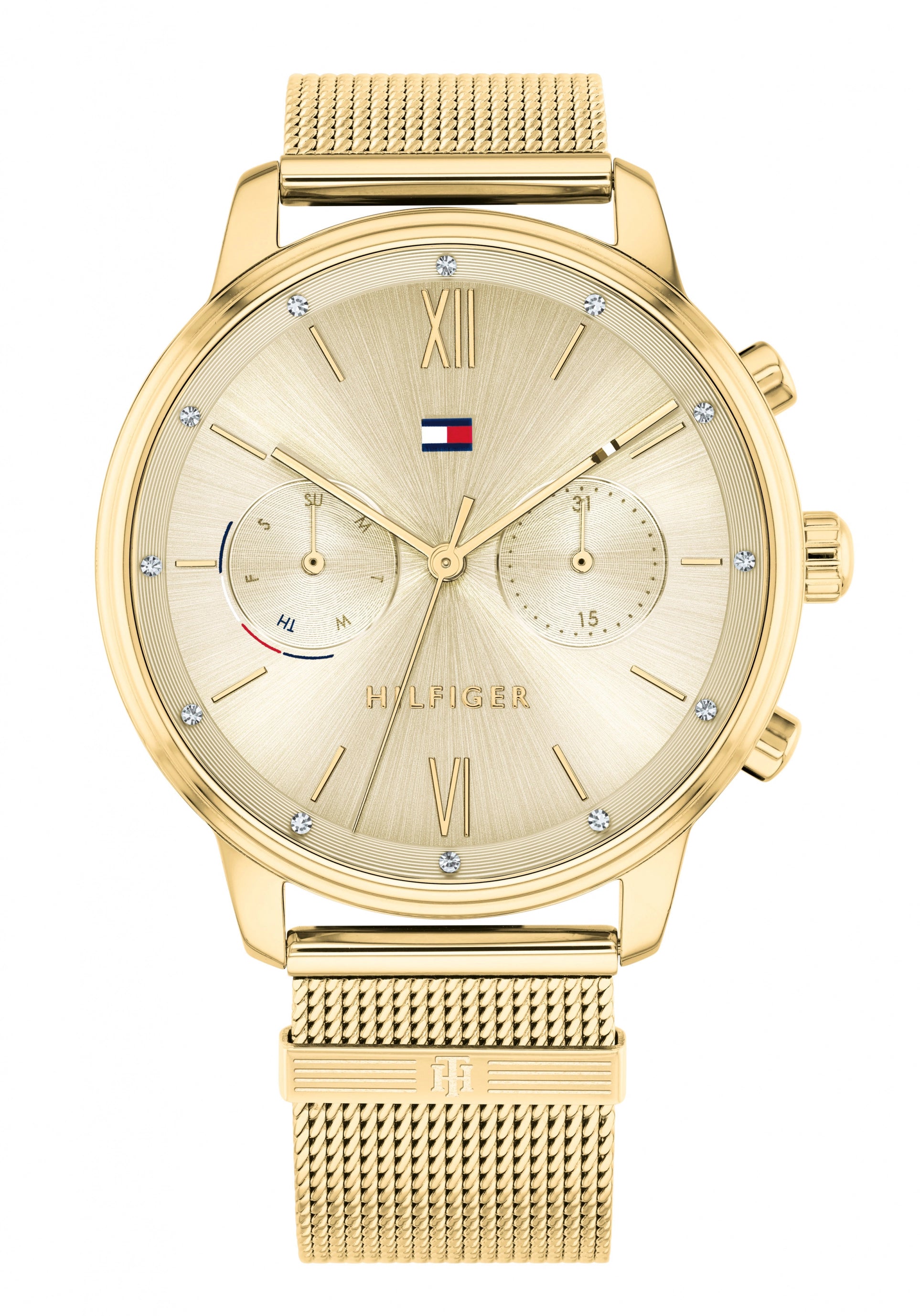Goldfarbene Damenuhr Blake mit Mesh-Armband, Quarzwerk und Ziffern mit römischen Zahlen