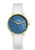 Dunkelblaue Damenarmbanduhr mit goldfarbenem Gehäuse, weißem Lederband und Saphirglas