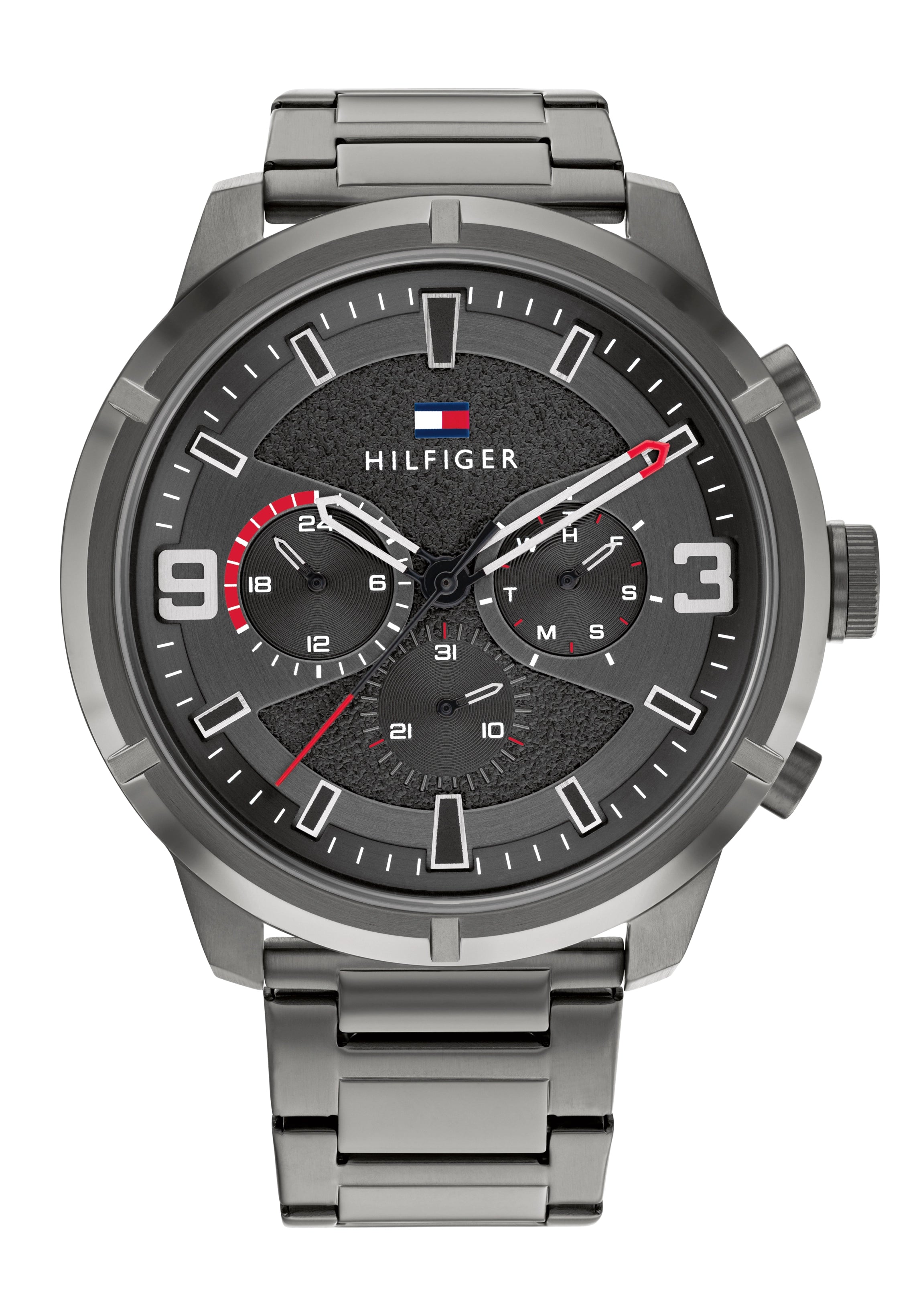 Sportliche Tommy Hilfiger Herrenuhr mit schwarzem Ziffernblatt und Metallarmband
