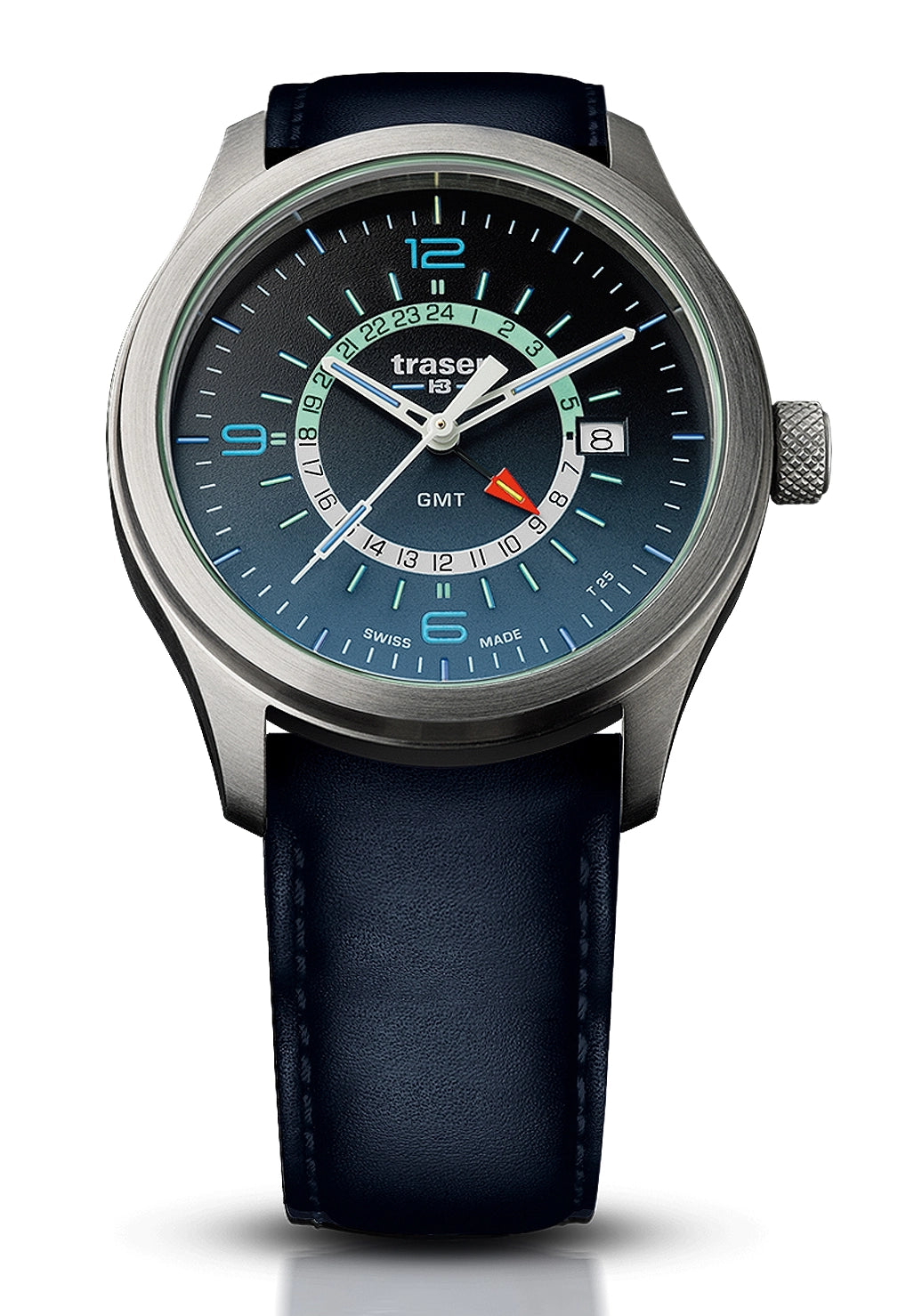 Traser Aurora GMT Herrenarmbanduhr mit dunkelblauem Lederarmband, schwarzem Zifferblatt