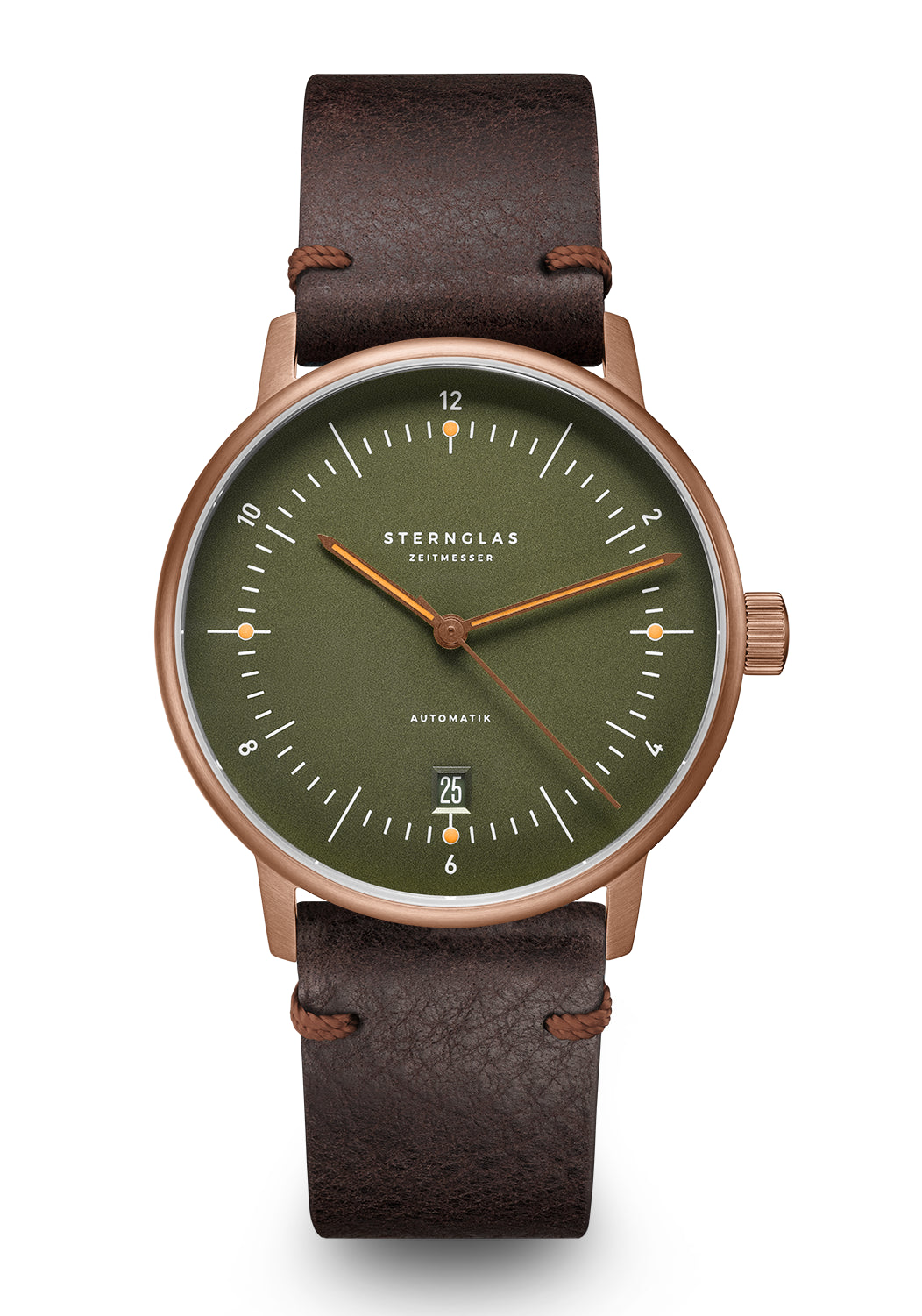 Herren-Armbanduhr mit grünem Zifferblatt, Bronzefarbener Lünette und braunem Lederband