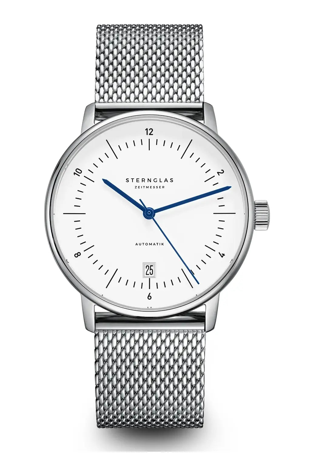 Sternglas Naos Automatik-Uhr: silbernes Meshband, weißes Zifferblatt, blaue Zeiger