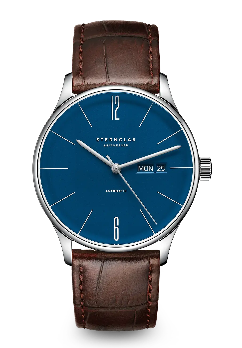 Sternglas Automatik-Uhr für Herren mit Mitternachtsblau-Zifferblatt und braunem Lederarmband