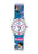 Mädchenarmbanduhr, rundes silberfarbenes Gehäuse, blau-pinkem Fußballriemen, Mineralglas