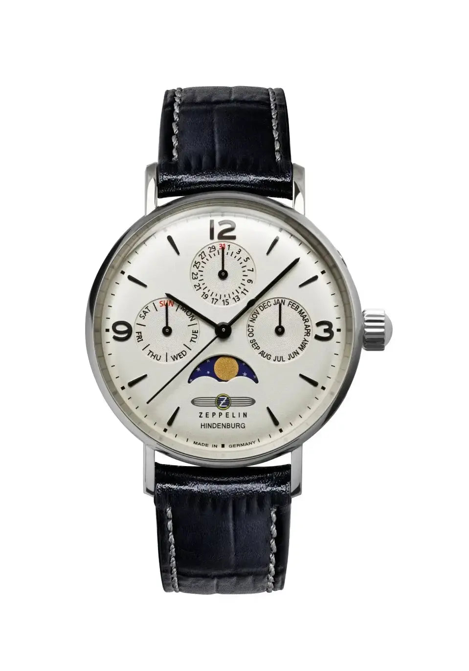 Damenarmbanduhr mit Lederarmband (dunkelblau) und weißem Zifferblatt, Mondphase, Zeppelin