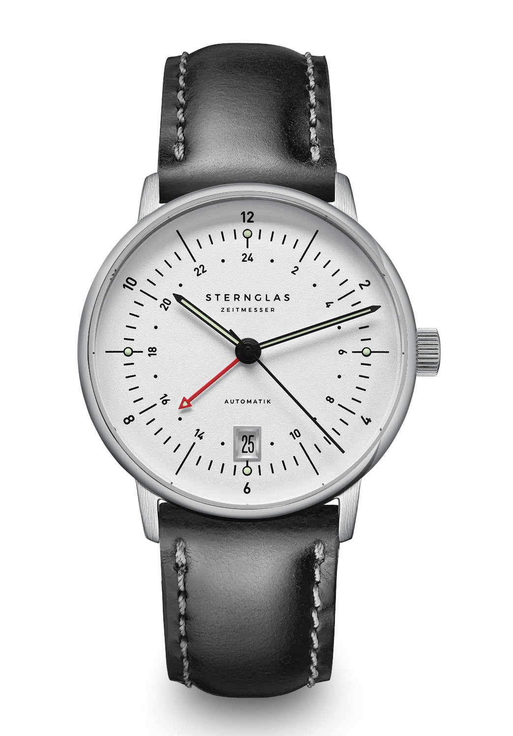 Herrenarmbanduhr Sternglas Naos Pro GMT mit weißem Zifferblatt und schwarzem Lederband
