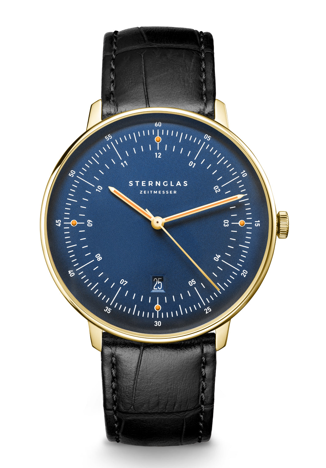 Sternglas Armbanduhr mit schwarzem Lederarmband, blauem Zifferblatt und goldfarbener Lünette