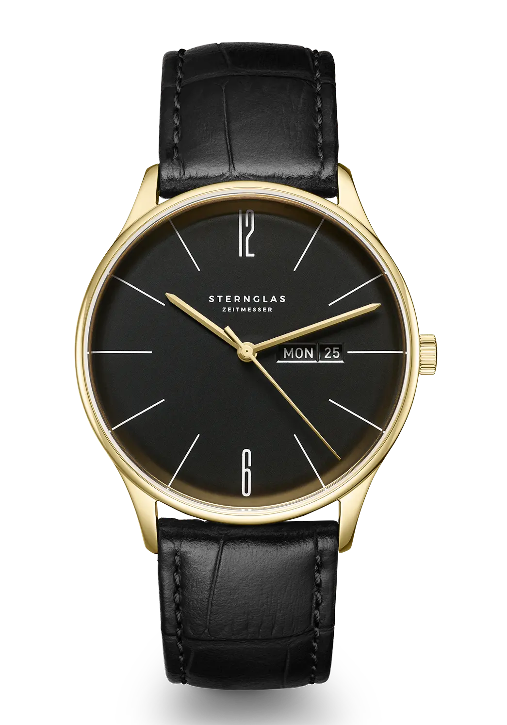 Damen-Armbanduhr mit schwarzem Zifferblatt, goldfarbenem Gehäuse und schwarzem Lederarmband