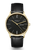 Damen-Armbanduhr mit schwarzem Zifferblatt, goldfarbenem Gehäuse und schwarzem Lederarmband