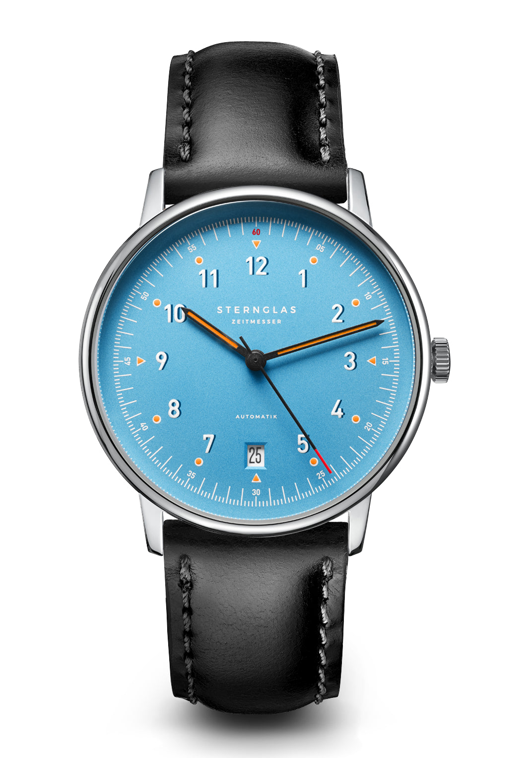 Sternglas Herrenautomatikuhr mit hellblauem Zifferblatt, schwarzem Lederarmband und Stahlgehäuse