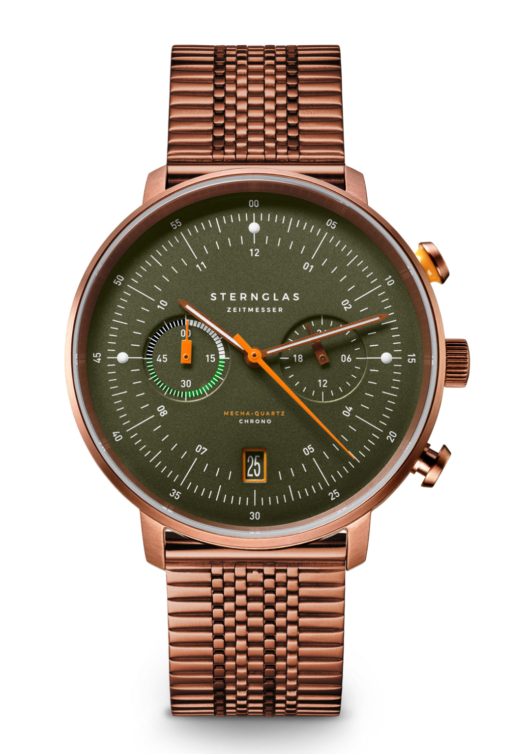 Sternglas Herrenuhr: dunkelgrünes Chronograph-Zifferblatt, roségoldfarbenes Metallarmband