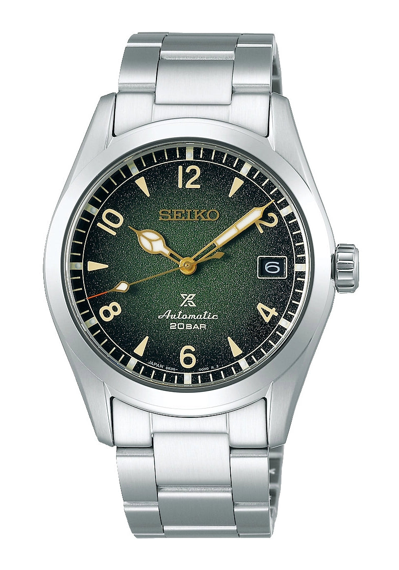 Seiko Prospex Alpinist Herrenuhr mit grünem Zifferblatt und Edelstahlarmband