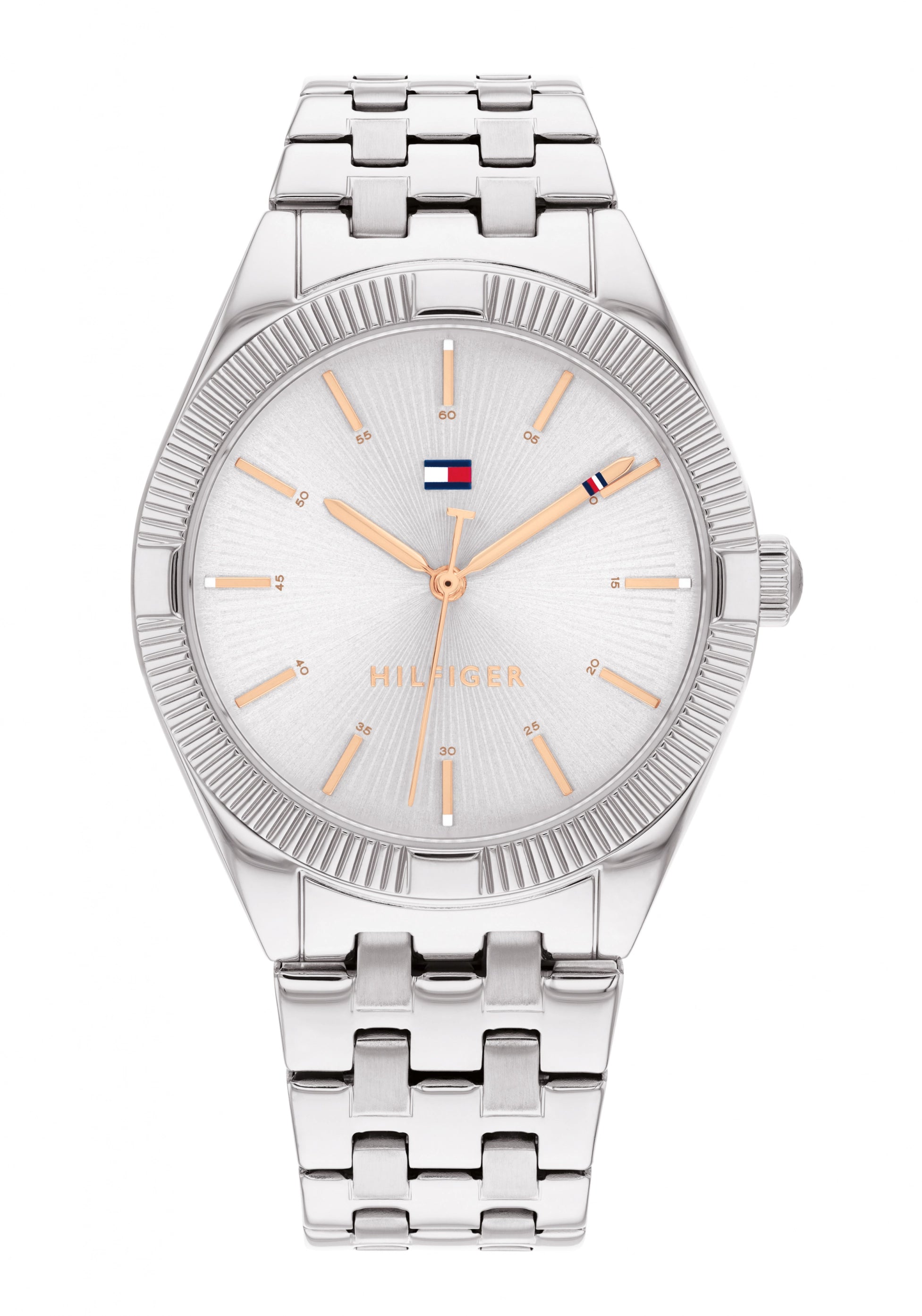 Tommy Hilfiger Damenarmbanduhr mit silbernem Edelstahlband und hellem Zifferblatt