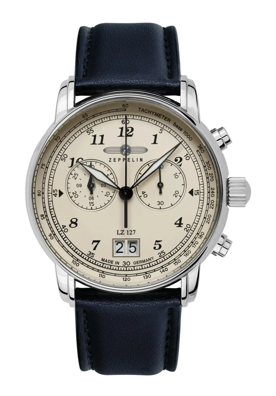 Zeppelin Herren-Chronograph mit Lederarmband, silbernem Gehäuse, Chrono-Subdials & Datumsfenster