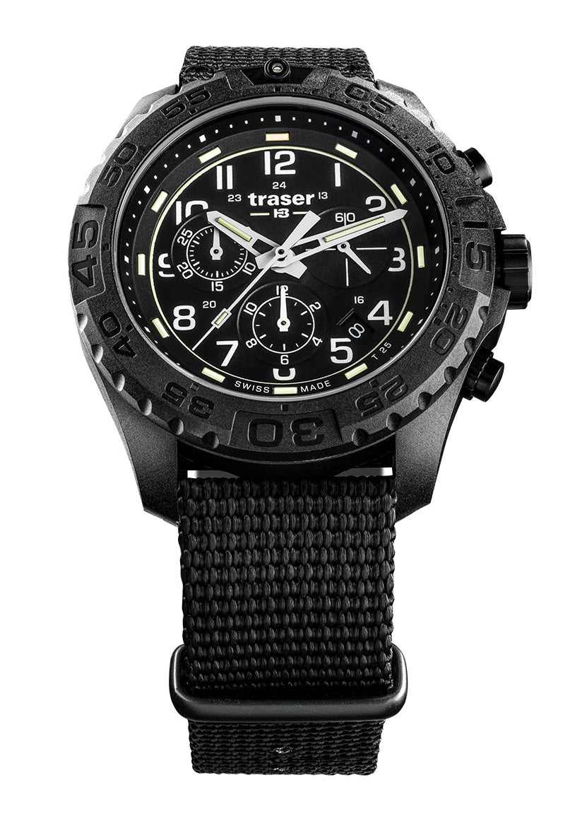 Outdoor-Chronographen-Uhr mit schwarzem Gehäuse, Zifferblatt und schwarzem Textilband