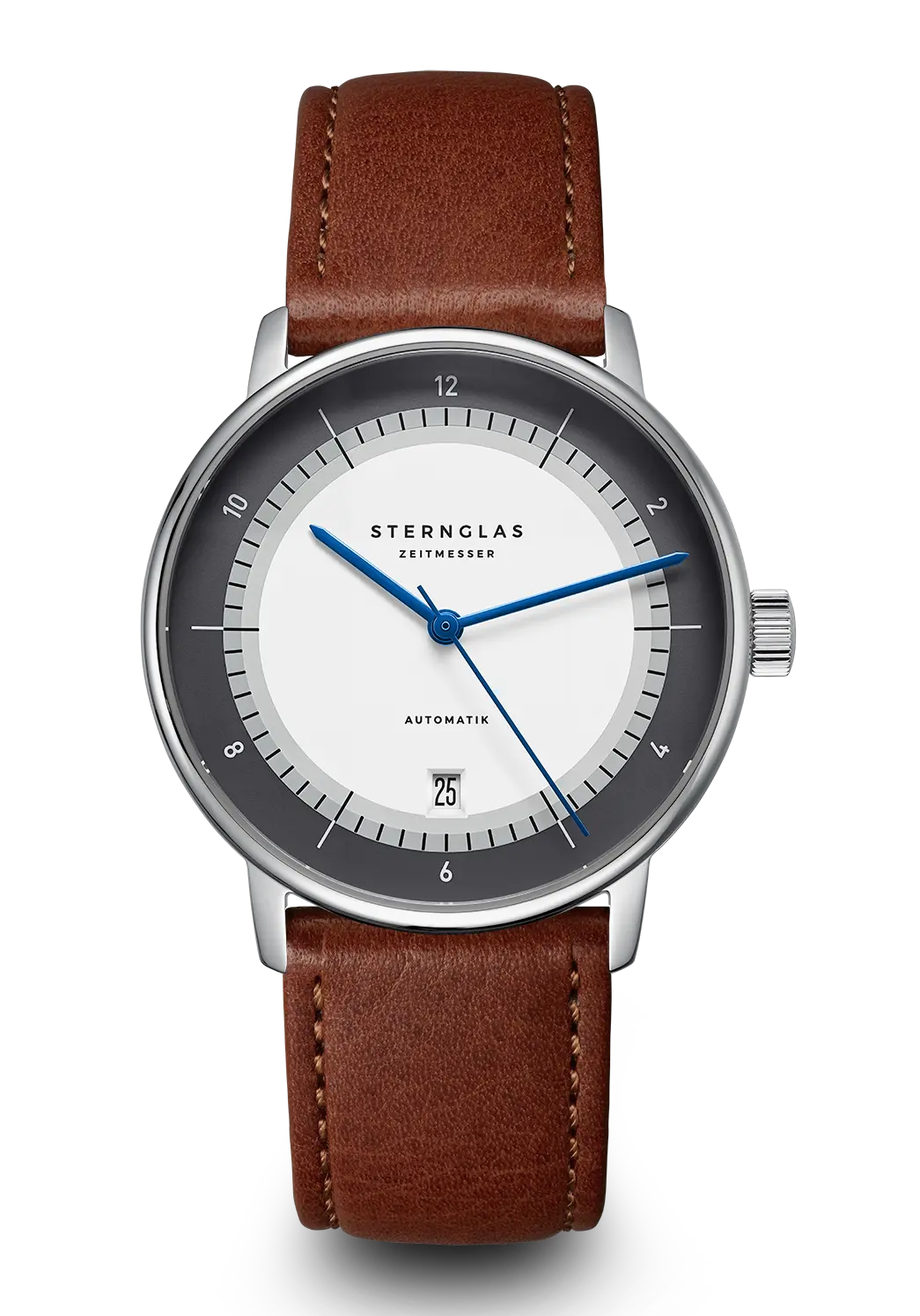Sternglas Herren-Armbanduhr: braunes Lederband, weißes Zifferblatt, blauer Sekundenzeiger