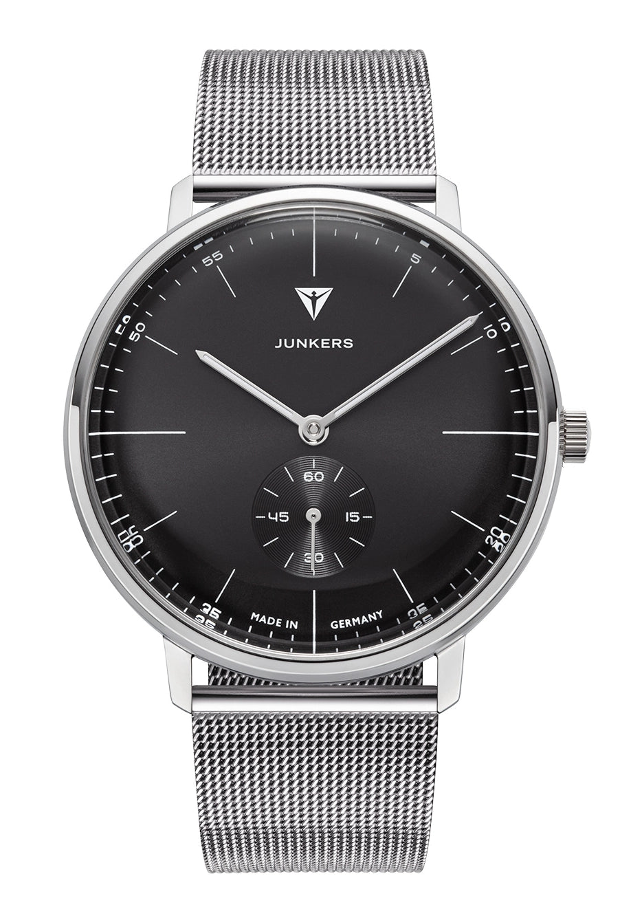 Junkers Herrenarmbanduhr mit schwarzem Zifferblatt, silberfarbenem Gehäuse und Metallband