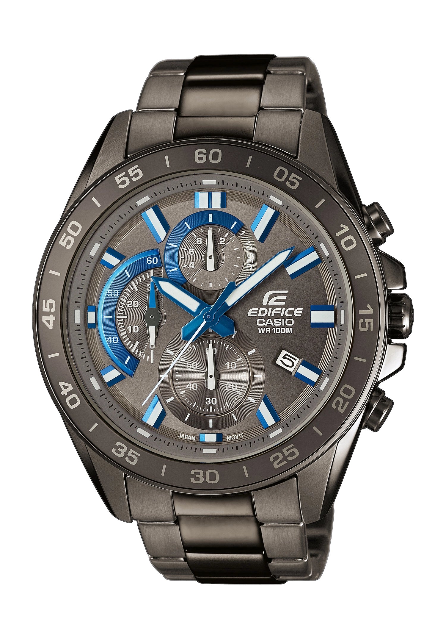 Casio Edifice Herrenuhr mit schwarzem Zifferblatt, blauen Akzenten, Edelstahlarmband
