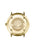 Rückseite einer Damenarmbanduhr mit goldenem Gehäuse und graviertem Blumenmotiv am Band