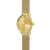 Goldene Damenarmbanduhr mit rundem Zifferblatt und Mesh-Armband, seitlicher Blick mit Krone
