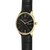 Damen-Armbanduhr mit schwarzem Zifferblatt, goldfarbenem Gehäuse und schwarzem Lederband