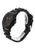 Herrenarmbanduhr seitlich mit schwarzem Kautschukarmband und schwarzem Gehäuse, rote Markierungen.