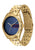 Tommy Hilfiger Damenarmbanduhr: goldenes Metallband, blaues Zifferblatt (Seitenansicht)