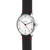 Armbanduhr im Seitenprofil, schwarzes Lederband, weißes Zifferblatt mit roten Zeigern