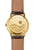 Armbanduhr Rückseite mit Gravur am goldfarbenen Gehäuse und braunem Lederband