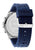 Herrenarmbanduhr mit blauem Silikonband und silbernem Gehäuse, Seitenansicht mit Drückern