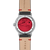 Armbanduhr-Rückansicht mit rotem Automatik-Mechanikrotor, schwarzem Lederband und roten Nähten