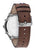 Herrenarmbanduhr-Rückseite mit braunem Lederarmband und Metallschließe