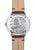 Armbanduhr-Rückseite mit Gravur am silbernen Gehäuse und braunem Lederband
