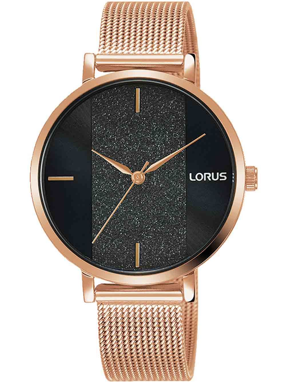 LORUS Damen-Armbanduhr mit roségoldenem Mesh-Armband und schwarzem Zifferblatt