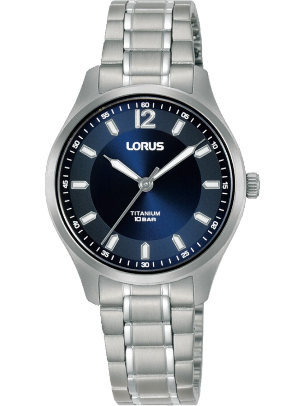 Lorus Damenarmbanduhr mit silbernem Metallband und blauem Zifferblatt, runden Indexen