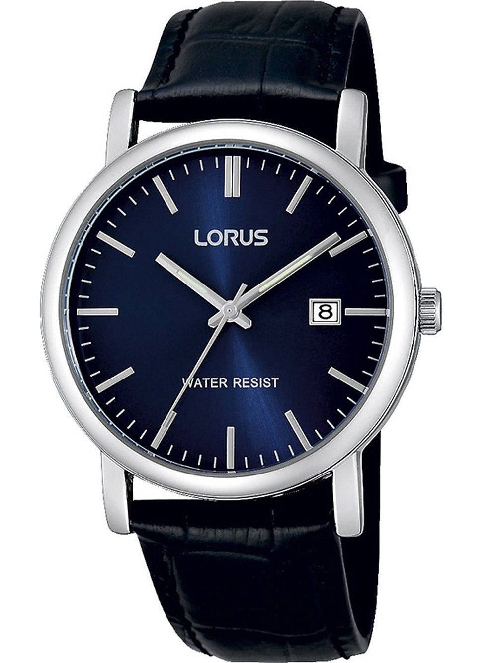 Lorus Herrenarmbanduhr mit blauem Zifferblatt, schwarzem Lederband und Metallgehäuse