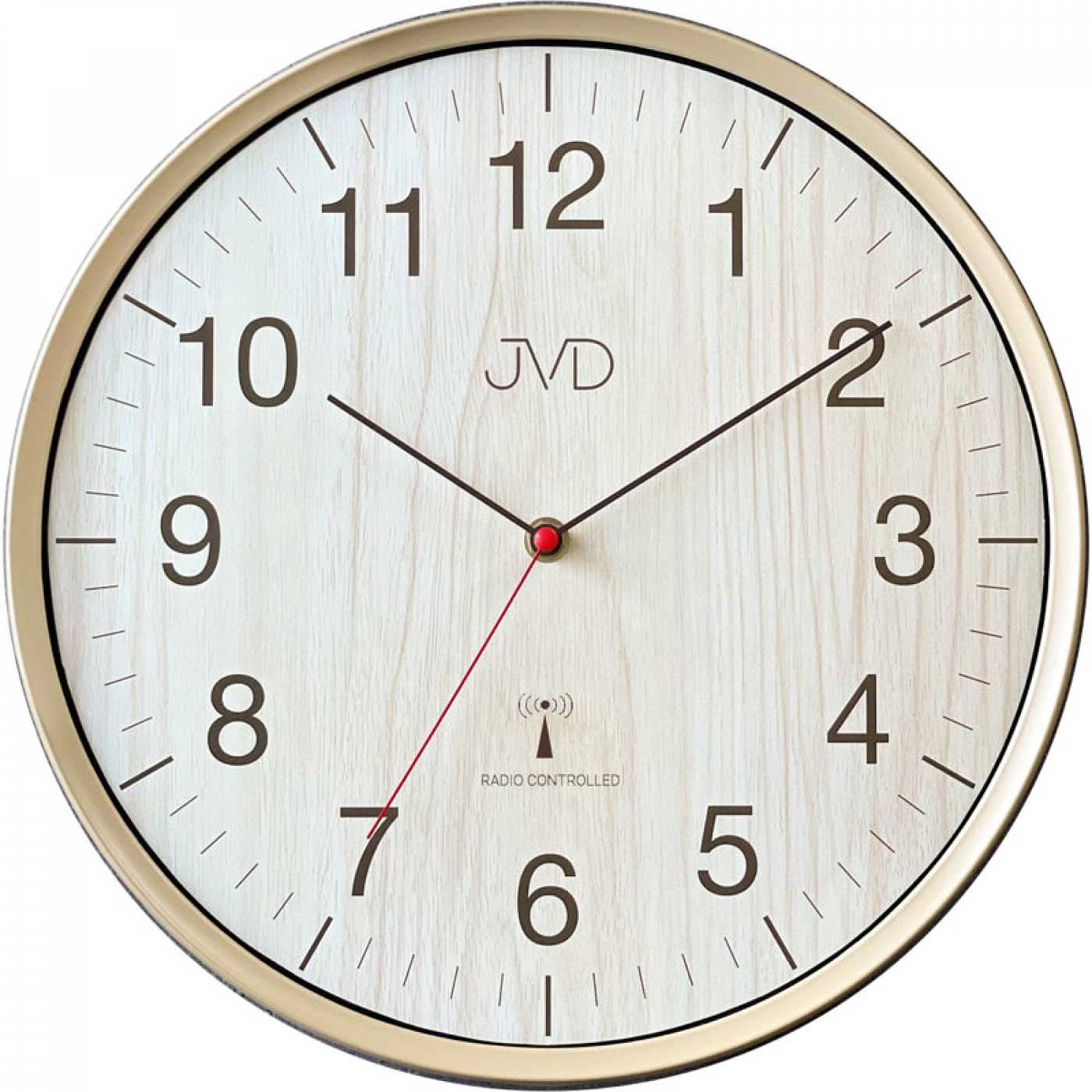 Horloge murale avec cadran rond aspect bois, cadre doré, chiffres arabes et aiguilles, JVD