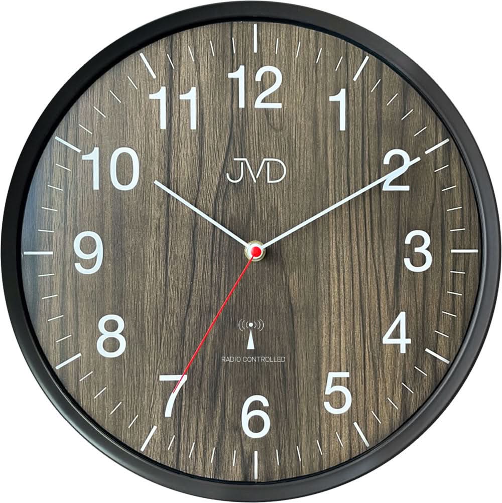 Horloge murale ronde avec grain de bois, cadre noir, grands chiffres et trotteuse rouge JVD
