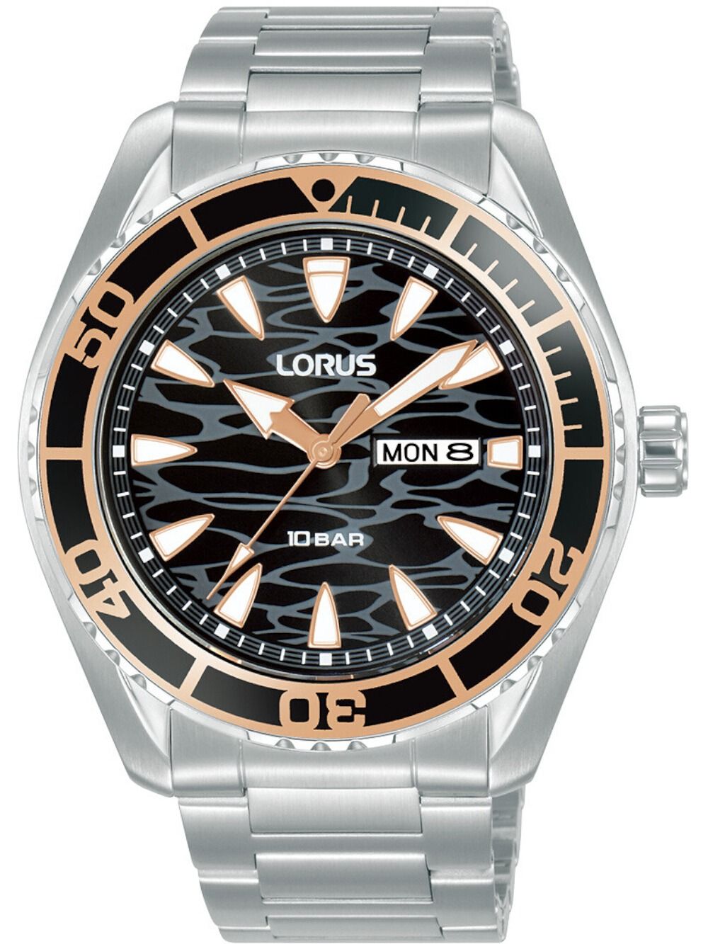 Herrenarmbanduhr: schwarzes Zifferblatt, orange Leuchtindizes, Stahlband