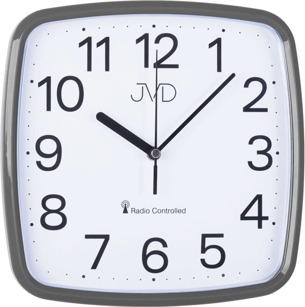 Wanduhr mit grauem Kunststoffrahmen und weißem Zifferblatt, große schwarze Zahlen, funkgesteuert