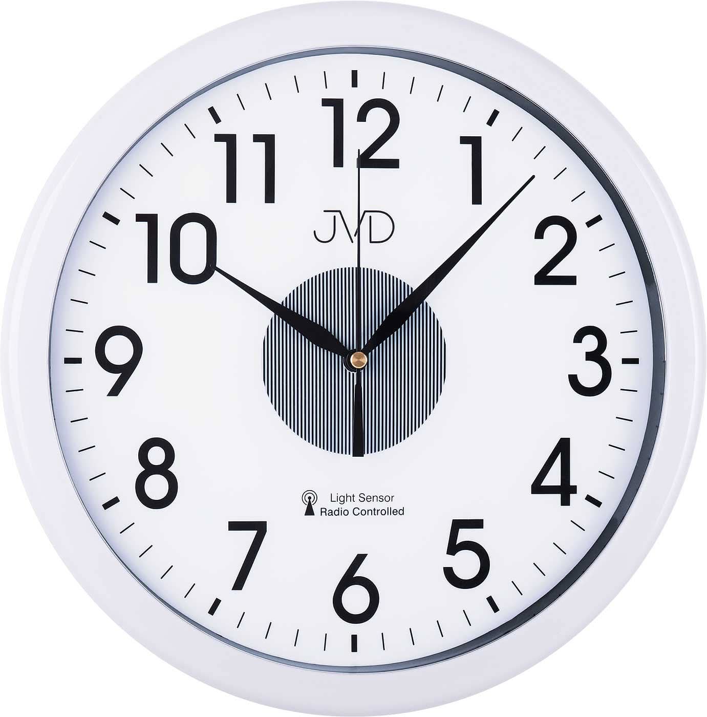 Horloge murale radio-pilotée avec capteur de lumière, boîtier blanc et cadran noir
